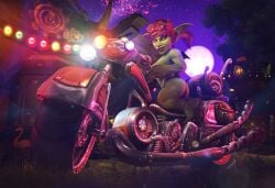 ass breasts goblin goblin_(warcraft) goblin_female large_breasts motorcycle panties red_hair sunglasses sunglasses_on_head thismelancholic topless vehicle warcraft world_of_warcraft yellow_eyes