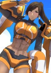 1girls abs big_breasts blizzard_entertainment clash_kuro_neko dark-skinned_female female female_only overwatch pharah tight_clothing zero_suit