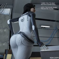 1girls 3d ass ass_focus black_hair brown_hair caption clothed female female_only jumpsuit light-skinned_female mass_effect mass_effect_2 miranda_lawson reikosfm solo text tight_clothing