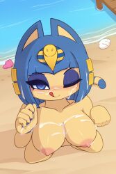 1girls animal_crossing ankha ankha_(animal_crossing) anthro beach big_breasts breasts cum feline female naked nintendo nipples ocean on_knees pinkcappachino wink