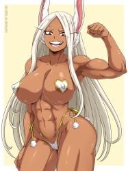 1girls abs animal_ears areolae biceps big_breasts bikini_bottom breasts bricc cameltoe dark-skinned_female dark_skin flexing heart_pasties hi_res long_hair looking_at_viewer miruko muscular muscular_female my_hero_academia pasties red_eyes rumi_usagiyama sano-br shiny_skin smile solo solo_female white_hair white_pasties wide_hips