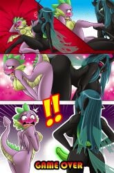 anthro anthro_on_anthro ass_to_ass bent_over big_breasts boastudio breast_size_difference breasts comic dildo dragon female female/female friendship_is_magic gender_transformation hasbro hi_res mtf_crossgender my_little_pony nude queen_chrysalis_(mlp) rape rule_63 sex sex_toy smooth_skin spike_(mlp) strapon tribadism vaginal_penetration