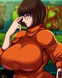 1girls alternate_breast_size big_breasts blush breasts breasts_bigger_than_head brown_eyes brown_hair busty curvaceous curvy curvy_body curvy_female curvy_figure female female_focus female_only glasses huge_breasts large_breasts lips looking_at_viewer osmar-shotgun scooby-doo short_hair signature solo solo_female sweater text velma_dinkley venus_body voluptuous