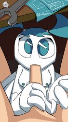 animated blowjob blue_eyes buttheadpoopoo_(artist) female jenny_wakeman male my_life_as_a_teenage_robot penis robot robot_girl under_the_table xj-9 xj9