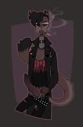 anthro bottomwear brown_background brown_body brown_fur cadaverrdog cigarette clothed clothing collar denim denim_clothing ear_piercing ear_ring erection euplerid eye_spots fangs fossa fur genitals goth hair hair_over_eye half-closed_eyes jacket jeans knot leather leather_clothing leather_jacket leather_topwear male mammal mesh_shirt narrowed_eyes one_eye_obstructed open_bottomwear open_clothing open_pants pants penis piercing punk raziel_(fleetwoodbrak) red_sclera simple_background smoking smoking_tobacco solo studded_belt studded_collar topwear torn_bottomwear torn_clothing torn_pants