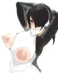 alternate_breast_size areolae arms_above_head arms_behind_head arms_up bangs black_hair breastless_clothes breasts breasts_out breasts_outside brown_eyes brunette closed_mouth emperor_penguin_(kemono_friends) erect_nipples female hair_over_one_eye half-closed_eye headphones highres huge_breasts jacket kemono_friends large_areolae leotard light-skinned_female light_skin long_bangs long_hair long_sleeves looking_at_viewer multicolored_hair nipples open_clothes open_jacket presenting_breasts red_hair shibori_kasu sketch solo streaked_hair two-tone_hair upper_body