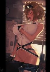 black_gloves breasts closed_eyes eyewear_on_head female fumafu girls'_frontline gloves grizzly_mkv_(girls'_frontline) hand_under_clothes highres large_breasts open_mouth pussy pussy_juice self_fondle shirt short_hair solo sunglasses teeth upper_teeth white_shirt