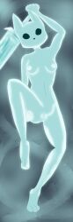 2022 absurd_res anthro ass black_eyes black_nose blue_body breasts butt_grab canid canine chiptunebrony dakimakura_design digital_media_(artwork) female fist fox genitals glowing glowing_body greatsword hand_on_butt hi_res lying mammal navel nipples on_back paws presenting pussy raised_arm raised_leg solo spoiler the_heir_(tunic) translucent translucent_body tunic_(video_game)