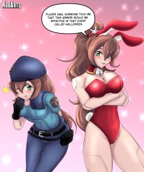 2girls android breasts brown_hair bunny_ears bunnysuit green_eyes iris_(mega_man) iris_-another-_(mega_man) jill_valentine_(cosplay) light-skinned_female light_skin looking_at_viewer mega_man mega_man_x resident_evil robot_girl text text_bubble thighs voluptuous wink