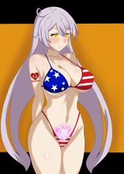 1girls 2021 2022 ahoge american_flag american_flag_bikini big_breasts bikini blush breasts cleavage clothed clothing covered_nipples curvy english_text female female_focus female_only flag_print herrscher_of_the_void hi_res highres honkai_(series) honkai_impact_3rd kiana_kaslana large_breasts light-skinned_female light_skin long_hair looking_away looking_to_the_side navel pose pubic_tattoo punishedplume queen_of_hearts revealing_clothes shy simple_background solo standing swimsuit tattoo text thick_thighs thighs very_long_hair white_hair wide_hips yellow_eyes