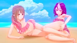 2girls 3d 3d_(artwork) ahoge armpits ass ass_focus beach bikini bracelet brown_hair butt_focus frilled_bikini glasses gradient_hair hand_on_ass indie_virtual_youtuber koikatsu laying_down laying_on_side looking_at_viewer pink_hair ponytail purple_hair red_eyes round_glasses shioripon short_hair smiling virtual_youtuber yuusachii_(vtuber)