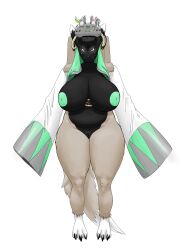 absurd_res anthro areola bandai_namco belt big_breasts biped bottomless breasts claws cleft_of_venus clothed clothing curvaceous curvy_figure digimon digimon_(species) fat_mons female genitals glowing glowing_eyes hi_res huge_breasts huge_thighs looking_at_viewer nipples plump_labia pussy realius simple_background slightly_chubby solo standing taomon thick_thighs toe_claws voluptuous vr_headset