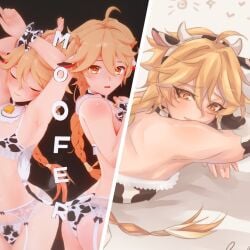 1boy aether_(genshin_impact) armpits arms_up bare_shoulders black_background blonde_hair blush bulge cappedracoon closed_eyes cow_bell cow_horns crossdressing fake_horns femboy gay genshin_impact girly looking_at_viewer male male_only simple_background trap yaoi