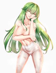 1girls ass_visible_through_thighs bangs bare_shoulders breast_hold breasts cleavage cleru_(cleruuuuu) collarbone covering covering_breasts female female_only fire_emblem fire_emblem:_mystery_of_the_emblem fire_emblem:_shadow_dragon_and_the_blade_of_light green_eyes green_hair head_tilt large_breasts long_hair looking_at_viewer nintendo palla_(fire_emblem) pantyhose solo steaming_body topless very_long_hair white_background