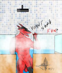 animal_genitalia animal_penis anthro balls bathing bathroom big_balls big_penis digital_media_(artwork) dragon equine_penis genitals hi_res huge_cock looking_at_another male mammal muscular muscular_anthro muscular_male nude open_mouth penis saggy_balls scar scars_all_over sergal simple_background smile solo teeth text the_wyt wire