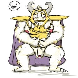 1boy anthro asgore_dreemurr bara beard blonde_hair blush body_hair cape crown dilf facial_hair flaccid furry goat grin horns male male_only penis penis_out skoogers smile smiling solo undertale white_fur