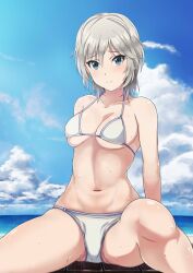 anastasia_(idolmaster) bare_shoulders bikini blue_eyes blush breasts cleavage clouds eyebrows_visible_through_hair eyelashes_visible_through_hair female female_only hair_between_eyes horizon idolmaster idolmaster_cinderella_girls inoshira legs_spread looking_at_viewer micro_bikini ocean outdoors short_hair silver_hair sitting sky smile sweat water white_bikini