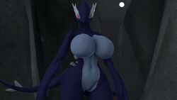 16:9 2020 3d_(artwork) anthro big_breasts black_body black_skin blue_body blue_skin breasts digital_media_(artwork) dnrud12 featureless_breasts female genitals hi_res legendary_pokémon looking_at_viewer moon navel nintendo no_nipples nude pokémon_(species) pokémorph pokemon pose pussy red_eyes rock shadow_lugia shadow_pokémon solo source_filmmaker standing video_games widescreen