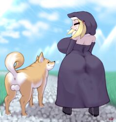 absurd_res anus ass balls bestiality big_breasts big_butt blonde_hair breasts canid canine canis closed_eyes domestic_dog feral futanari genitals hair hi_res huge_breasts human male mammal neve_(artist) nun outside rear_view sister_neve zoophilia