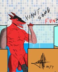 animal_genitalia animal_penis anthro balls bathing bathroom big_balls big_penis digital_media_(artwork) dragon equine_penis genitals hi_res huge_cock looking_at_another male mammal muscular muscular_anthro muscular_male nude open_mouth penis saggy_balls sergal simple_background smile solo teeth text the_wyt wire