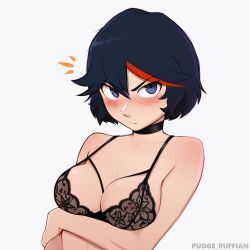 1girls absurdres artist_name bare_shoulders black_bra black_hair blue_eyes blush bra breasts choker cleavage closed_mouth collarbone cute eyebrows_visible_through_hair frown grey_background highres kill_la_kill looking_at_viewer matoi_ryuuko medium_breasts multicolored_hair pudgeruffian red_hair short_hair simple_background solo tomboy two-tone_hair underwear upper_body