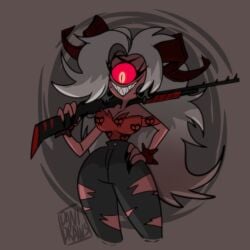 big_breasts cleavage danidrawsandstuff demon demon_horns demon_martha_(helluva_boss) helluva_boss long_hair martha_(helluva_boss) messy_hair red_eye sharp_fingernails sharp_teeth shotgun simple_background thick_thighs white_hair wide_hips