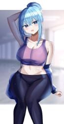 1girls absurd_res adamant369 aqua_(konosuba) blue_eyes blue_hair breasts female female_only gym_clothes hanasaka_houcha hi_res kono_subarashii_sekai_ni_shukufuku_wo! large_breasts long_hair looking_at_viewer midriff sitting solo sports_bra sportswear thick_thighs wide_hips yoga_pants