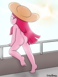 1girls amorosa_(estudiomega) ass crazy_heroes estudiomega hat large_hair legs long_hair naked oc pink_eyes pink_hair pink_skin pose rose_(estudiomega) sun