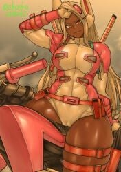 1girls alternate_costume breasts cosplay crossover_cosplay dark-skinned_female dark_skin female female_only fully_clothed gwenpool_(cosplay) gwenpool_(series) large_breasts leotard long_hair looking_at_viewer marvel marvel_comics miruko my_hero_academia rumi_usagiyama shosho_oekaki solo sword weapons white_hair