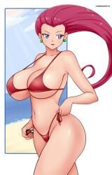 1girls ass big_breasts bikini bikini_bottom bikini_top blue_eyes breasts chronosth1 curvaceous curvy earrings female female_only gummslime hair hips huge_breasts jessie_(pokemon) lips lipstick long_hair mature mature_female mature_woman pink_hair pokeball pokemon red_bikini red_lips red_lipstick smile solo solo_female swimsuit swimwear team_rocket thick_lips thick_thighs thighs wide_hips