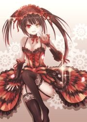 asle bare_shoulders black_hair breasts cleavage clock_eye date_a_live eyebrows_visible_through_hair eyelashes_visible_through_hair frilled_dress frills garter_straps hair_between_eyes heterochromia lolita_hairband long_hair looking_at_viewer open_mouth red_eye thighhighs tokisaki_kurumi twintails uneven_twintails