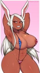 1girls abs american_flag_bikini animal_ears areola_slip armpits arms_behind_head arms_up artist_name bare_shoulders big_breasts breasts bunny_ears bunny_girl bunny_tail cleavage clenched_teeth clothing collarbone curvy dark-skinned_female dark_skin eyelashes fangs female female_focus female_only grin highres hips huge_breasts human large_breasts long_hair looking_to_the_side miruko muscular muscular_female my_hero_academia navel npczoey one-piece_swimsuit parted_lips pink_background pinup precarious_clothing red_eyes rumi_usagiyama shiny_skin skindentation sling_bikini slit_pupils smile solo solo_female teeth teeth_clenched thick_thighs thighs tomboy toned toned_female usagiyama_rumi voluptuous watermark white_border white_hair wide_hips