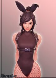 1girls 3d 3d_(artwork) abrxsive alternate_costume asian black_hair blender brown_eyes bunny_ears bunnysuit clothing epic_games fishnet_legwear fortnite leotard light-skinned_female light_skin looking_at_viewer pantyhose petite ponytail seductive_eyes seductive_look tsuki_(fortnite) wide_hips