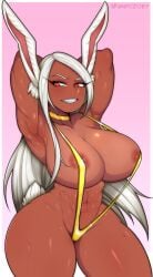 1girls abs animal_ears areola_slip armpits arms_behind_head arms_up artist_name bare_shoulders big_breasts breasts bunny_ears bunny_girl bunny_tail cleavage clenched_teeth clothing collarbone curvy dark-skinned_female dark_skin eyelashes fangs female female_focus female_only gold_bikini grin highres hips huge_breasts human large_breasts long_hair looking_to_the_side miruko muscular muscular_female my_hero_academia navel npczoey one-piece_swimsuit parted_lips pink_background pinup precarious_clothing red_eyes rumi_usagiyama shiny_skin skindentation sling_bikini slit_pupils smile solo solo_female teeth teeth_clenched thick_thighs thighs tomboy toned toned_female usagiyama_rumi voluptuous watermark white_border white_hair wide_hips