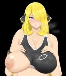 1girls alternate_breast_size blonde_hair blue_eyes breasts cynthia_(pokemon) female female_only hair_over_one_eye large_breasts nintendo one_breast_out pokemon pokemon_dppt ranhatu simple_background solo sweat voluptuous