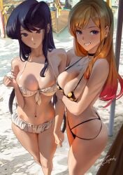 2022 2girls artist_signature beach belly_button big_breasts bikini black_bikini black_eyes black_hair blonde_hair breasts collarbone crossover cute eyebrows_visible_through_hair female female_only gyaru happy hips hugging kitagawa_marin komi-san_wa_komyushou_desu komi_shouko long_hair looking_at_viewer outdoors red_eyes shy side_hug slim_waist smile sono_bisque_doll_wa_koi_wo_suru thick_thighs thighs white_bikini wide_hips zumi zumi_(zumidraws)