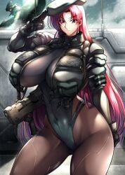 1girls armor big_breasts black_leotard breasts busty child_bearing_hips clothed clothed_female clothing female female_focus female_only fit fit_female gloves gun haganef hips huge_breasts large_breasts leotard light-skinned_female light_skin long_hair looking_at_viewer machine_gun military_clothing military_hat military_uniform navel original original_character pantyhose red_hair shoulder_armor slim_girl slim_waist solo solo_female solo_focus standing tactical_vest thick_thighs thighs tight_clothes tight_clothing tight_fit tight_leotard toned toned_body toned_female very_long_hair vest weapon