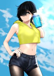 1girls black_hair black_legwear blue_eyes commentary crop_top cup day denim denim_shorts fringe g_fuel hair_over_one_eye hand_on_hip heterochromia highres holding holding_cup kamura_(rain_prophet) long_hair medium_hair midriff mole mole_above_eye mole_under_mouth navel outdoors pale-skinned_female pantyhose petite pupi rain_prophet short_shorts shorts sleeveless solo standing teenager