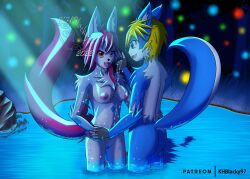 absurd_res anthro ass bathing bathing_together blonde_hair blue_body blue_eyes blue_fur blue_light blue_tail breasts canid canine chest_tuft duo female forest fox fur genitals glistening hair hand_holding heterochromia hi_res hyro_soriuki khblacky97 lake lights male male/female mammal multicolored_body multicolored_fur night nude pink_hair pink_tail plant pussy reflection shion_ikigai smile tree tuft water water_reflection white_body white_fur