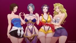 4girls absurd_res bare_arms bare_legs bare_shoulders big_breasts blonde_hair blue_eyes blush breasts brown_hair capcom clothed clothing corset cowboy_bebop crossover faye_valentine female female_only fukumenshi green_eyes grey_hair hand_holding heart_hands isabella_valentine jill_valentine jill_valentine_(julia_voth) large_breasts legs legs_together lineup lipstick long_hair looking_at_viewer mai_valentine medium_breasts multiple_females multiple_girls mutual_yuri name_connection pale-skinned_female purple_eyes purple_hair resident_evil resident_evil_3 short_hair skirt smiling smiling_at_viewer soul_calibur strapless take_your_pick teeth_showing thick_thighs thighs trait_connection tubetop yu-gi-oh! yuri