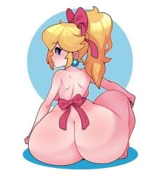 1girls ass back backboob big_breasts big_butt blonde_hair blue_eyes blush bottom_heavy bow breasts bubble_ass bubble_butt dabble earrings female female_only full_body hair_ribbon hairbow hi_res huge_ass looking_at_viewer looking_back mario_(series) nintendo nude nude_female pawg ponytail princess_peach princess_peach:_showtime! rear_view ribbon simple_background sitting solo thick_ass thick_thighs tied_hair white_background wide_hips