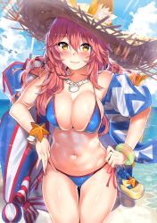 1girls animal_ear_fluff animal_ears bangs bare_shoulders beach beach_umbrella big_breasts bikini blue_bikini blush bracelet breasts cleavage closed_mouth collarbone day ears_through_headwear fate/grand_order fate_(series) female fox_ears fox_girl fox_tail hair_between_eyes hand_on_hip hands_on_hips hat highres huge_breasts jewelry kawai kawai_(purplrpouni) large_breasts long_hair looking_at_viewer navel necklace ocean pink_hair sandals sash smile smiling_at_viewer solo straw_hat sun_hat sunlight swimsuit tail tamamo_no_mae_(fate) tamamo_no_mae_(swimsuit_lancer) umbrella yellow_eyes