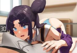 1boy absurdres armpits ass bangs bare_shoulders black_hair blue_eyes blush breast_press breasts bulge crawling crotch detached_collar erection erection_under_clothes fate/grand_order fate_(series) female flustered hair_bun highres long_hair looking_at_bulge looking_at_penis lying lying_on_bed mazenda_(3378) medium_breasts open_mouth parted_bangs penis_on_face pressed_against raised_ass side_bun side_ponytail sidelocks sleep_molestation sleeping small_breasts surprised sweat underwear ushiwakamaru_(fate/grand_order) very_long_hair