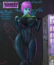 advertisement big_breasts blue_skin clothed english_text female futuristic green_eyes latex_suit original_character pink_hair sex_bot sex_slave sex_toy shiny_breasts shiny_clothes text tight_clothing tight_fit