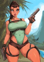 aleksandrgav bag belt big_breasts bimbo breasts busty female female_focus female_only firearm handgun hourglass_figure human lara_croft lara_croft_(classic) large_breasts legwear lips pale_skin pinup pinup_pose pose posing solo tomb_raider weapon wide_hips