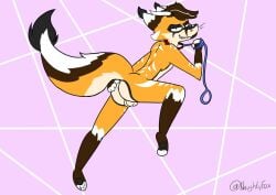 anthro ass balls canid canine digital_media_(artwork) dragon fox fur genitals hair horn hybrid male mammal naughtyfox nude orange_body orange_fur simple_background slity_(character) smile solo striped_body striped_fur stripes