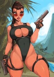 aleksandrgav bag big_breasts bimbo breasts brown_hair busty cleavage eyewear female female_focus female_only firearm handgun handwear hourglass_figure human lara_croft lara_croft_(classic) large_breasts legwear lips looking_over_eyewear looking_over_glasses looking_over_sunglasses pale_skin pinup pinup_pose pose posing red-tinted_eyewear solo sunglasses tinted_eyewear tomb_raider voluptuous weapon wide_hips