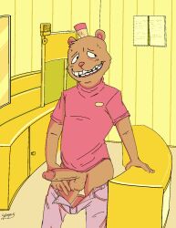 anthro burgerpants embarrassed furry hairy_balls hat male male_only no_panties pants_down penis skoogers solo teeth undertale