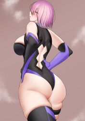 1girls 2022 ass backboob black_bodysuit black_leotard bodysuit breasts fate/grand_order fate_(series) female female_only gorio hair_over_one_eye hips huge_breasts large_ass leotard looking_over_shoulder mash_kyrielight naughty_face pink_hair purple_eyes short_hair slim_waist thick_thighs thighs wide_hips