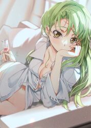 1girls breasts c.c. cleavage code_geass collar creayus cup green_eyes head_on_hand head_rest holding holding_cup indoors long_hair looking_at_viewer medium_breasts navel no_pants open_clothes open_shirt reclining shirt solo white_shirt yellow_eyes